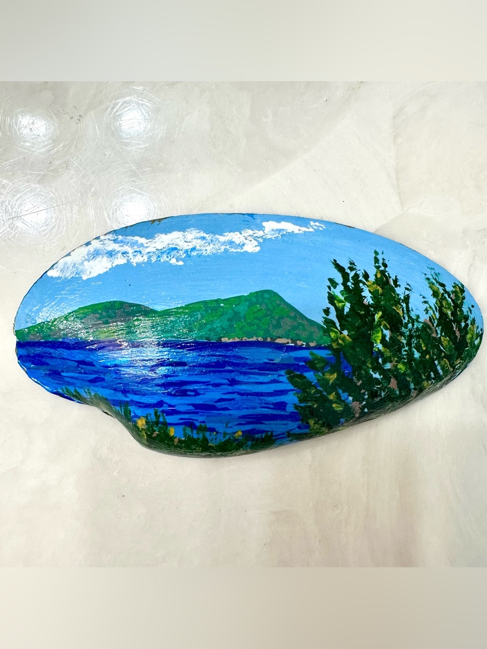 Handmade Double Sided Painted Tellin Shell Coastal Ocean Landscape Art Sign